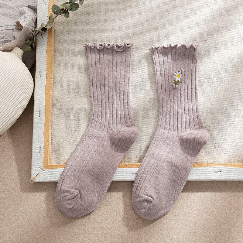 CHAOZHU Summer Spring Thin Loose Socks Daisy 8 Colors Long Women Sox Sweet Cute Cotton Knitting Rib Korea Japanese: khaki