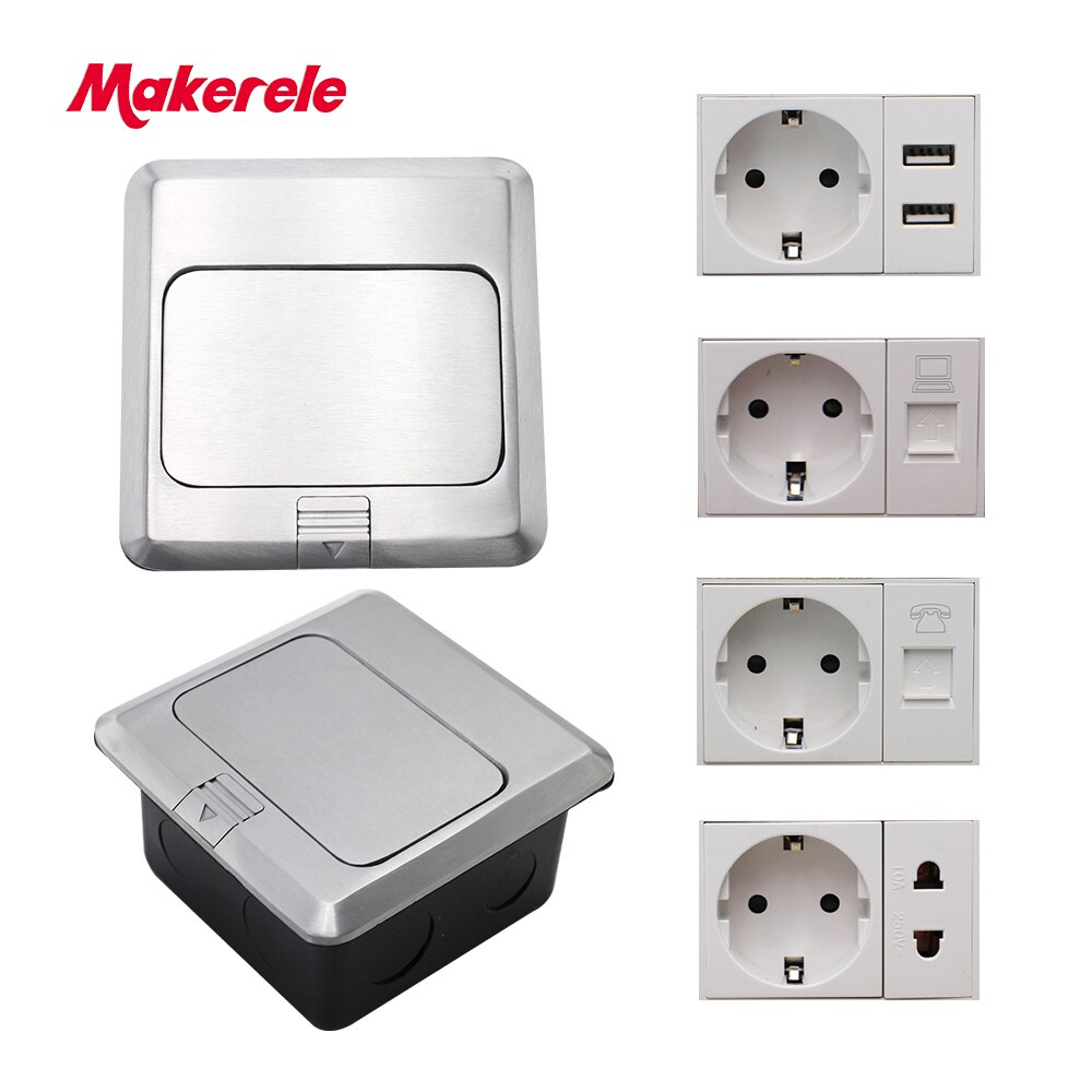 EU Standard Floor Socket square shape Pop Up Outlet Box with rj45 net/phone/USB connector aluminium alloy panel Makerele