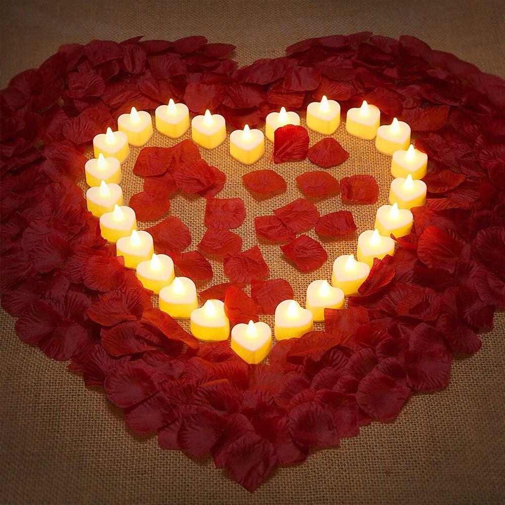 Velas LED con 100 piezas de pétalos de rosa artificiales, luces de té con batería, para propuesta de boda, Día de San Valentín, decoración del hogar, 24 piezas
