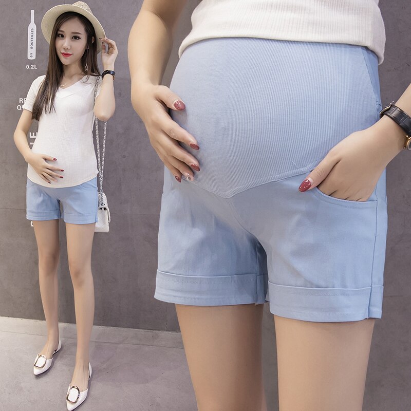 Sommar bomull gravid mage korta byxor gravida kvinnor shorts graviditet korta byxor justerbara mage kläder koreansk stil: Ljusblå / Xxl