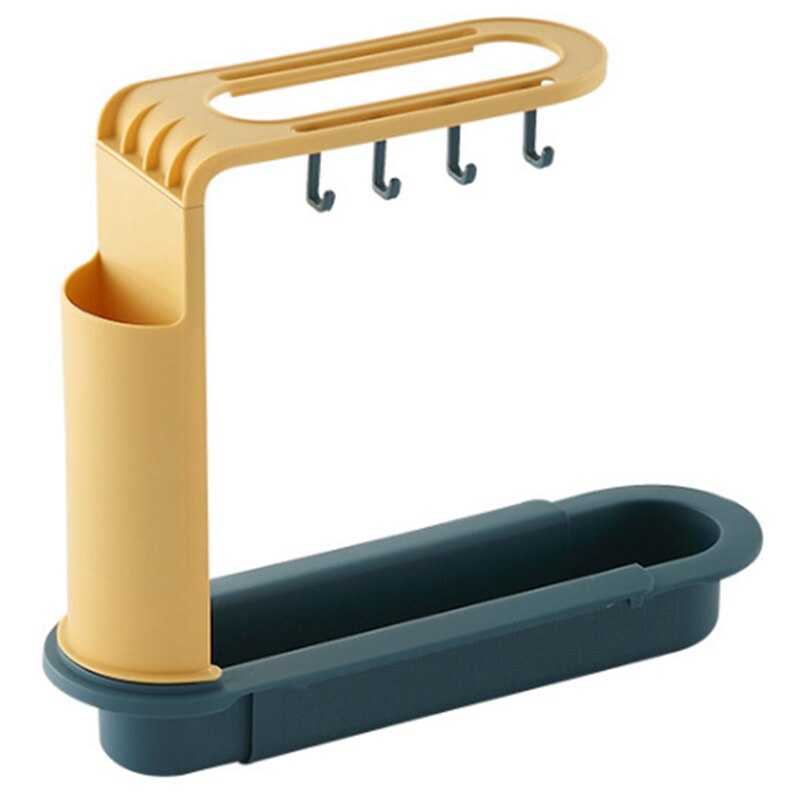 Retráctil rejilla para escurrir para fregadero de cuatro-Perchero de almacenamiento con gancho con trapo titular palillo jaula accesorios de cocina: Blue yellow