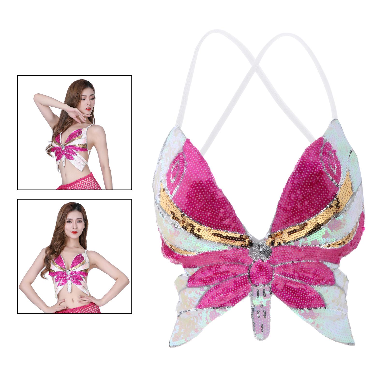 Femmes paillettes danse du ventre soutien-gorge Sequin papillon licou haut court Latin Costume: Rose Red
