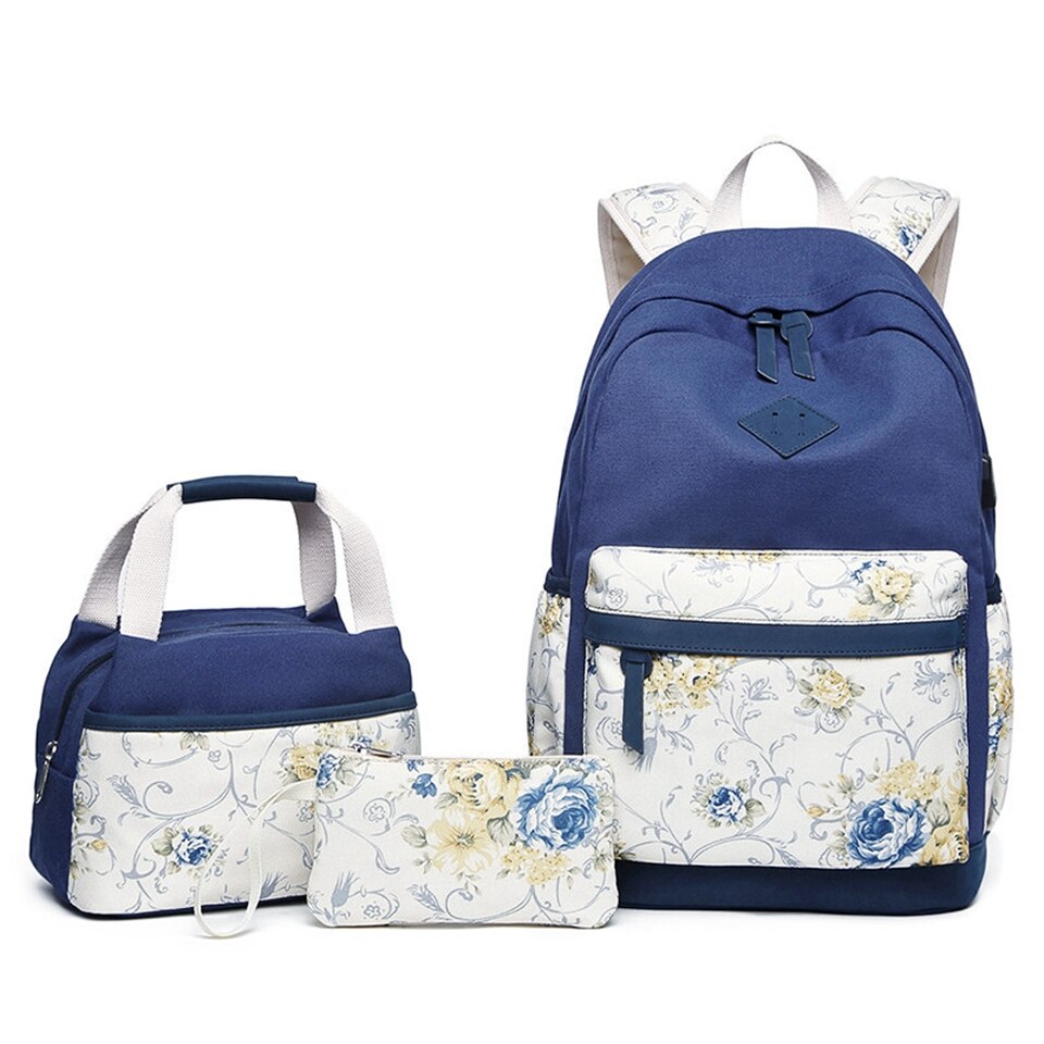 Vandtæt lærred bogtaske piger skole rygsæk sæt blomster søde skoletaske til 14 tommer bærbar rygsæk kvinder rejser dagtaske: Blå 1 sæt