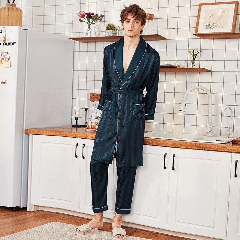 Real Mens Luxury Bathrobe Geometric Robes V-Neck Lmitation Silk Knitted Sleepwear Full Sleeve Nightwear Pants XXXL: PeacockBlue / L