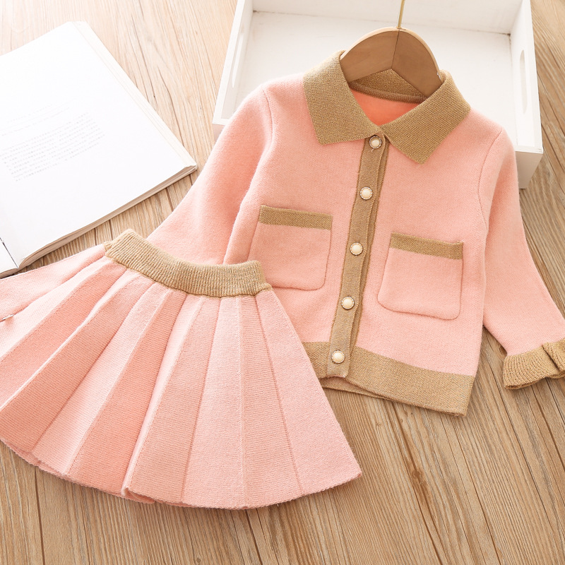 Conjunto de suéter para niña pequeña, Top de manga larga de coreana + Falda plisada, suéter para niña pequeña, ropa de otoño e invierno, novedad de 2022: Rosa / 4T