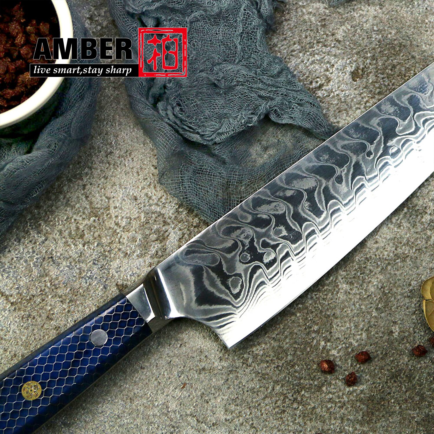 AMBER AUS10V Core Croco Pattern Knife With 2 Tones Blue Honey Comb Resin Chef Cleaver Kiritsuke Nakiri Santoku Ultral Sharp Cook