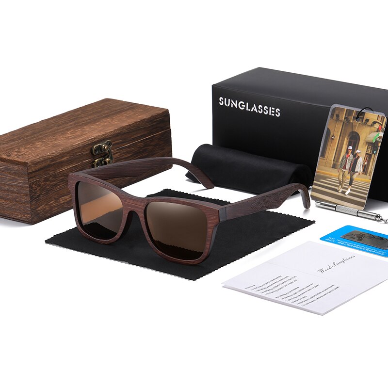 GM Sonnenbrille aus natürlichem Bambusholz, handgefertigt, polarisierte Brille, Spiegelbeschichtung, Gläser, Brillen mit Geschenkbox: Schwarz