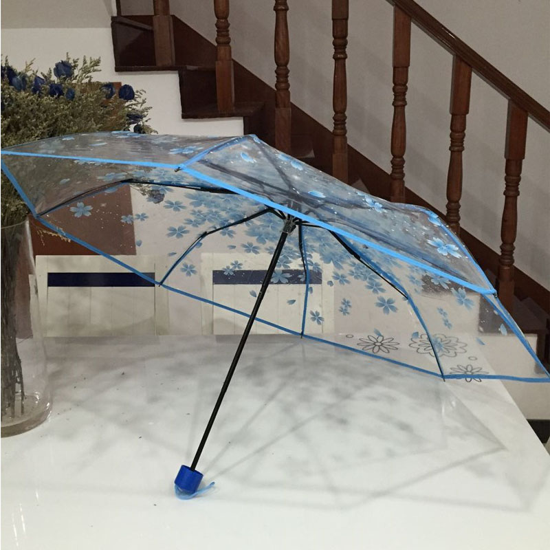 Parapluie romantique Transparent | Parapluie en fleurs de cerisier à trois plis pour femme, parapluie de cerise japonais coréen pour femme, parapluie d'art frais