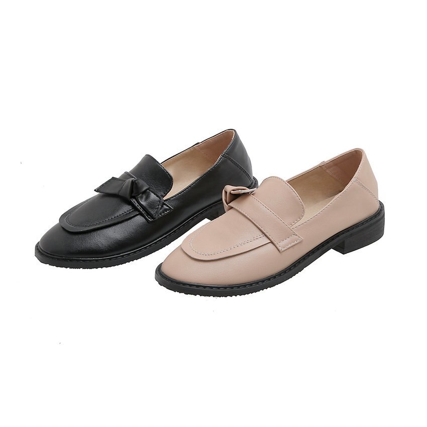 Qutaa sommerfugleknude rund tå kvinder sko pu læder casual damer pumps firkantet hæl slip on single sko stor størrelse 34-43