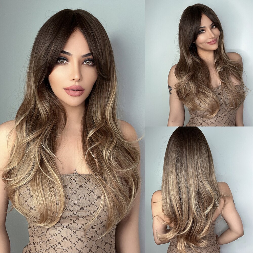 JONRENAU Long Wavy Brown to Light Brown Ombre Synthetic Wigs Partial Fringe Natural for Women Daily Party Wig Heat Resistant: 301