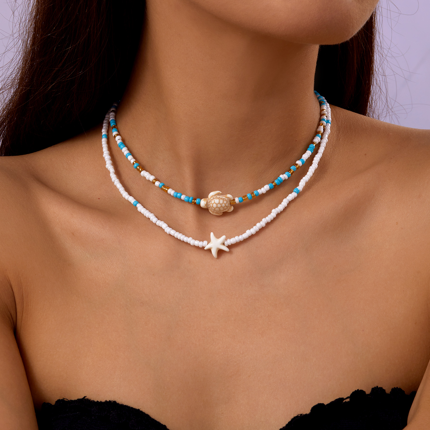 Collar bohemio con colgante de tortuga y estrella de mar con doble cuentas para mujer, gargantilla de cadena para clavícula con cuentas de semillas coloridas, joyería para en la playa
