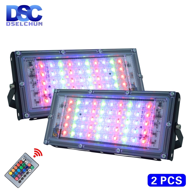 2 stk/parti 50w ledet rgb flomlys lampe  ac 220v utendørs flomlys  ip65 vanntett reflektor ledet få øye på med fjernkontroll