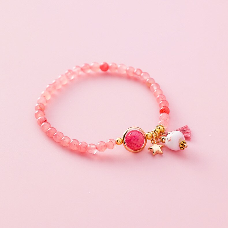 Doreen-pulsera de cuerda de gato de cerámica Kawaii para mujer, brazalete sencillo tejido a mano, cuentas de borla, joyería de de estilo japonés: Beaded-Pink