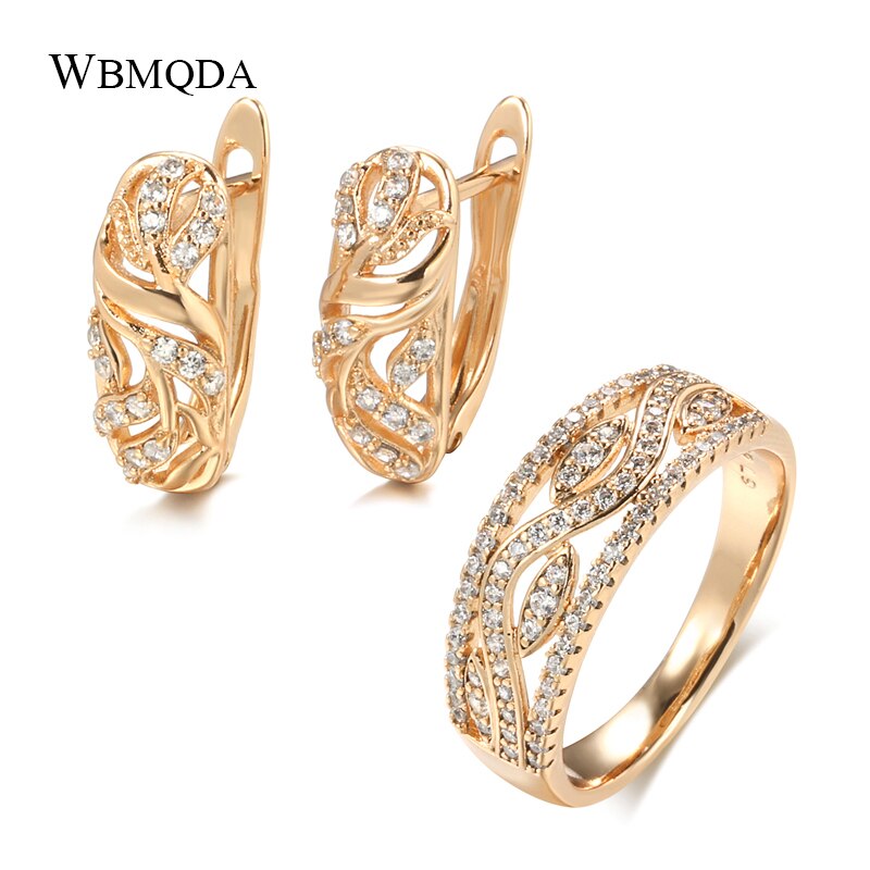 Wbmqda Luxe 585 Rose Gouden Oorbellen Ring Mode-sieraden Sets Natuurlijke Zirkoon Wedding Ring Hollow Bloemen Oorbellen Voor Vrouwen