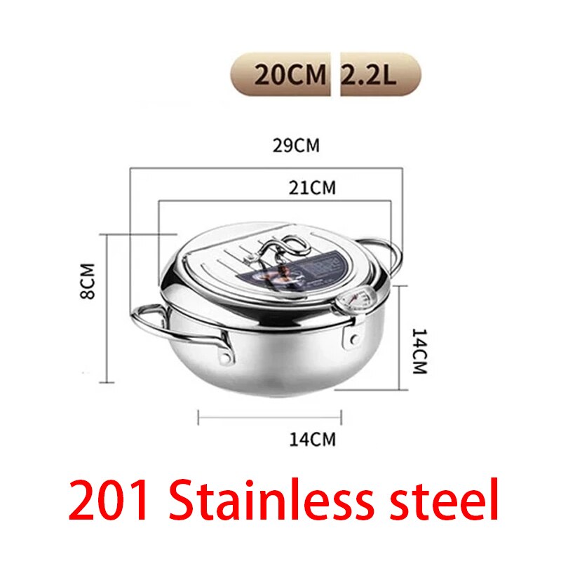 Fryer Pot with Thermometer Tempura Fryer Pan Kitchen Deep Frying Pot With Oil Drain Rack Kitchen Utensils Cookware: 20cm 201