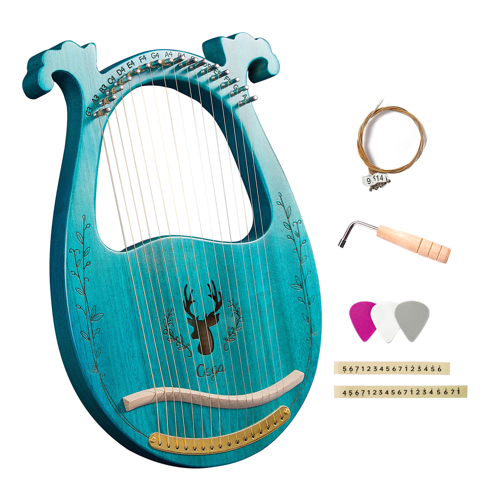 16- -strenget træ lyre harpe resonans boks strengeinstrument med stemmenøgle 3 stk picks strengeinstrumenter: Blå