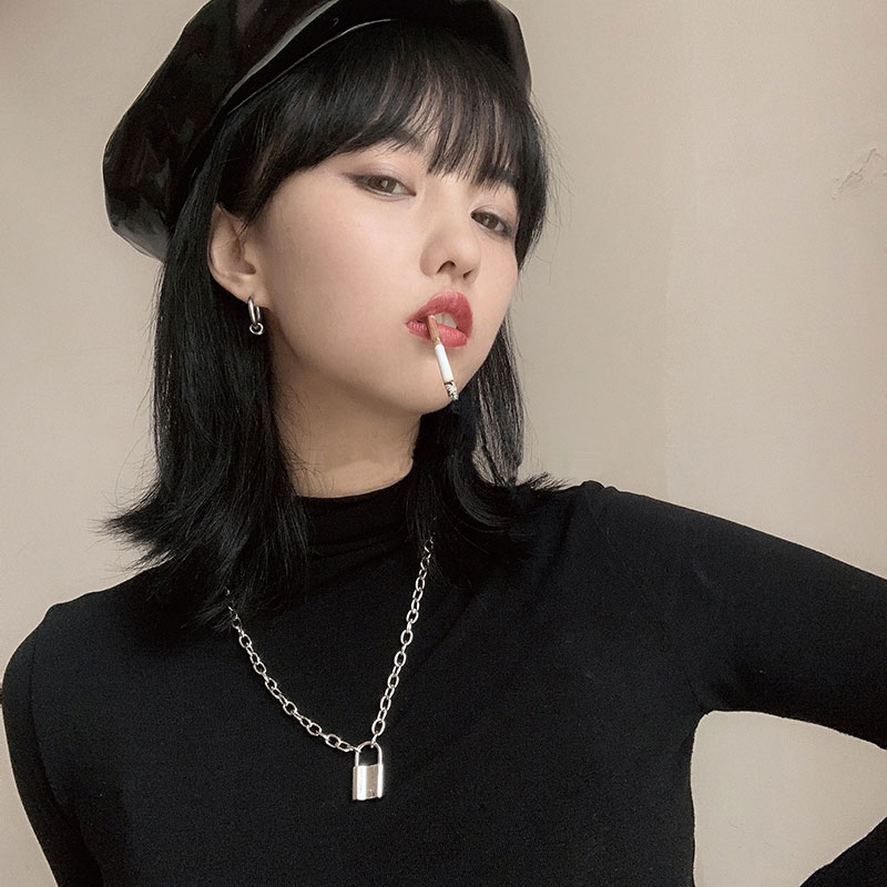 Rock Lock Choker Silver Long Chain Necklace on The Neck with Lock Punk Jewelry Mujer Key Padlock Pendant Necklace for Women