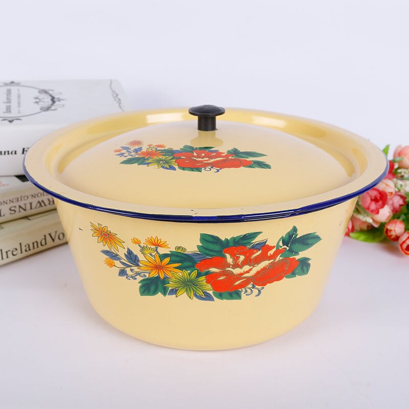 Enamel Filling Retro Enamel Pot Bowl with Lid Soup Pot Cooking Pot Deepening Dishwashing Dish Basin Fruit Plate Pattern Random