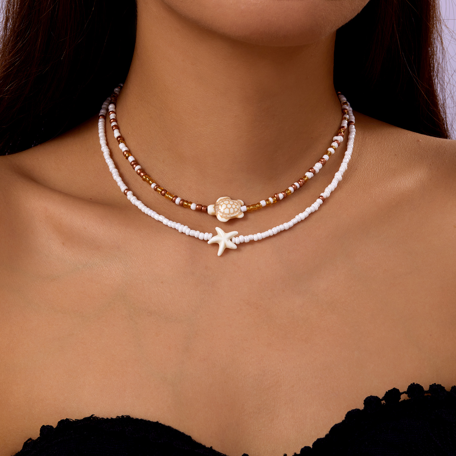 Collar bohemio con colgante de tortuga y estrella de mar con doble cuentas para mujer, gargantilla de cadena para clavícula con cuentas de semillas coloridas, joyería para en la playa: Rojo-marrón