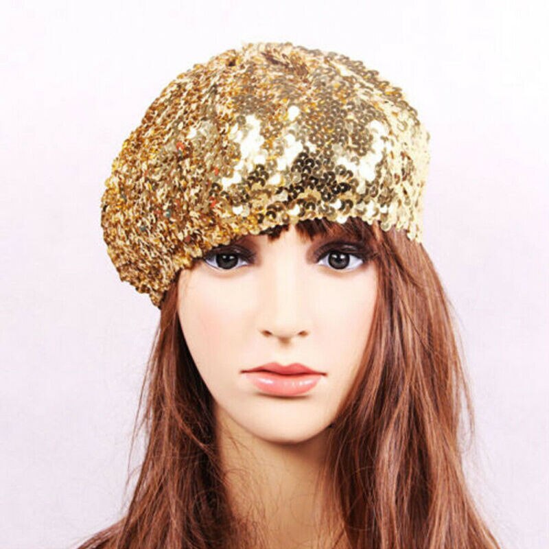 Dam paljetter hatt glänsande kostym jazz glitter dans basker rund keps dam accessoarer mössa dam kostym stretch party