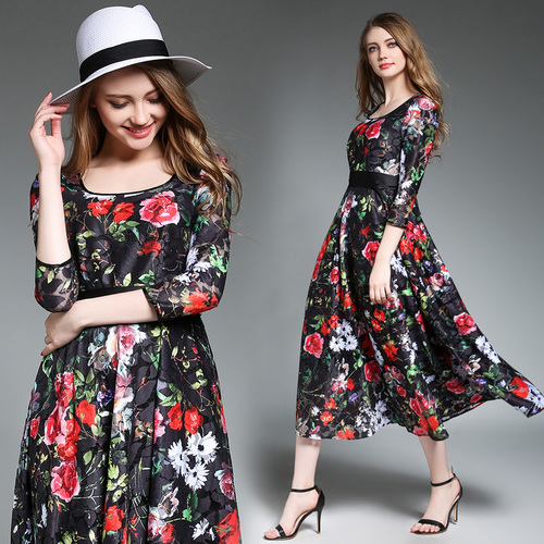 Bohemian Floral Maxi Lace Render Dress Robe De Soiree Longue Spring Long Evening Party Christmas Dress Vestido Longo K8231