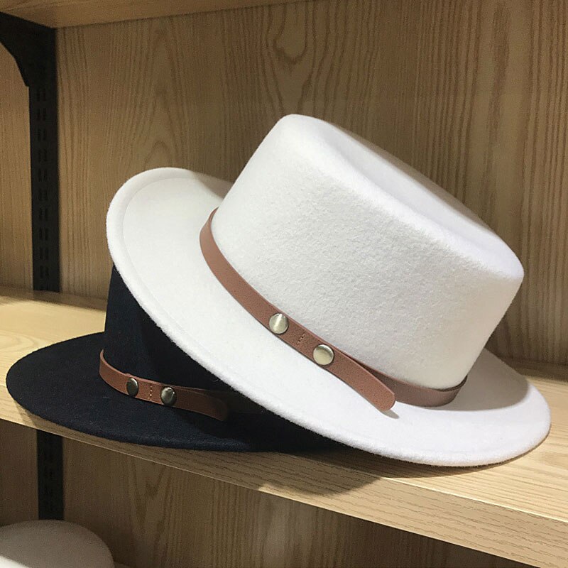 Winter Fahsion Hoeden Voor Vrouwen Fedora Met Riem Rond Wit Zwart Schipper Wol Hoed Porkpie Stijl Verstelbare Tovenaar