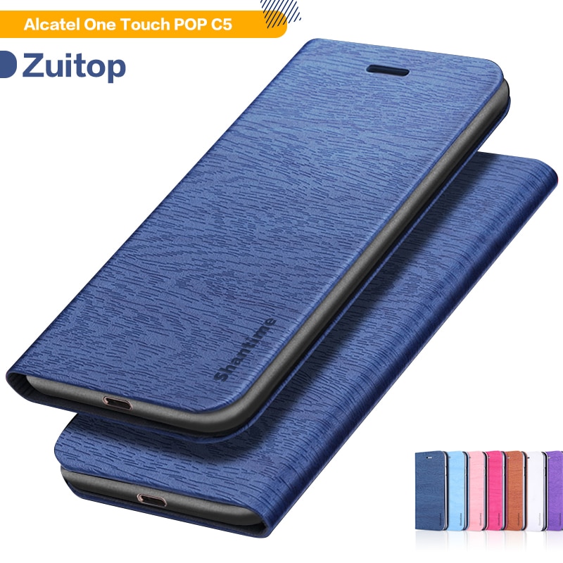Wood grain PU Leather Phone Case For Alcatel One Touch POP C5 Flip Book Case Business Wallet Case Soft Silicone Back Cover