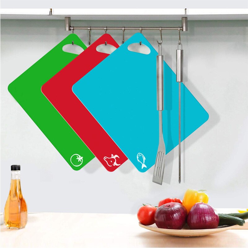 6 Pcs Flexible Plastic Cutting Board Mats Set Colored Kitchen Mats with Food Icons Easy Grip Handles E2S