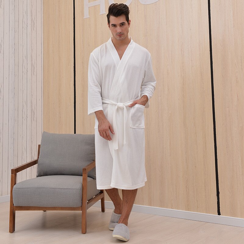 Grande taille robe de chambre homme gaufre Plaid peignoir homme solide bain Rob Hotel maison chemise de nuit à manches longues à lacets manteau pyjamas