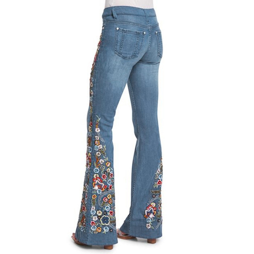 Kvinner broderi blomster ødelagt bluss jeans knapp midje klokke bunn denim bukser høst vinter bukser bukser