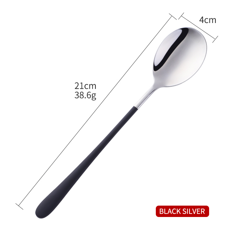 1PCS Korea Spoon Stainless Steel Soup Spoon Long Handle Gold Dessert Spoons Round Dinner Spoon Set Tableware Set: Black Silver