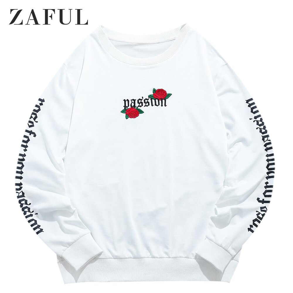 ZAFUL Männer Rose knapp Bestickt Hüfte-hüpfen Sweatshirts Männlichen Langarm Blumen- drucken lässig zur Seite fahren Outwear Plus Größe: Weiß / XXL
