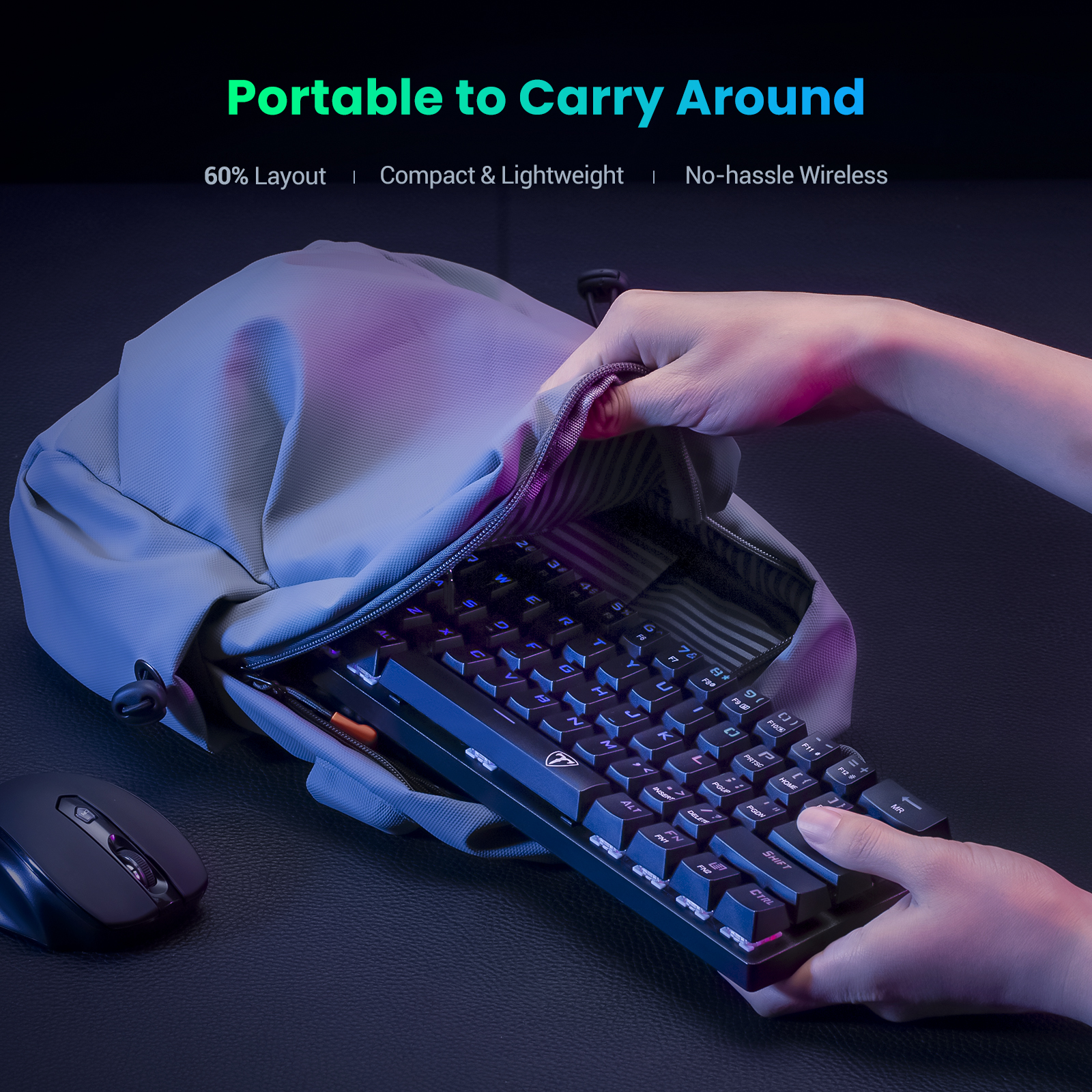 VicTsing-Teclado mecánico inalámbrico para videojuegos, dispositivo con Bluetooth/2,4 Ghz, 60% RGB, tres modos conectables, con interruptor azul