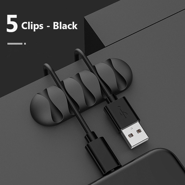 Silicone Cable Winders Flexible Cord Management Cable Holder Clips For USB Mouse Headphone Earphone Network Smart Wire Organizer: 5 Clips Black