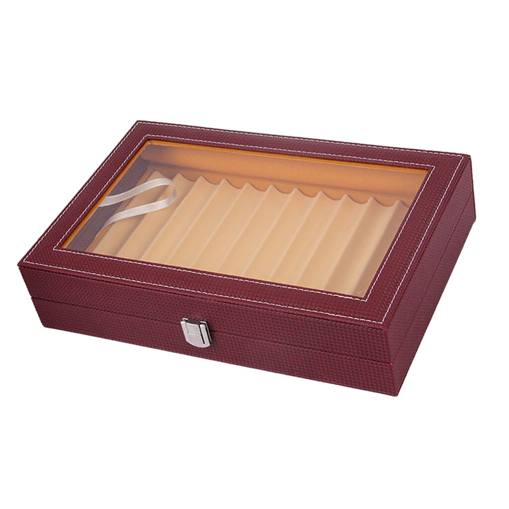 12 Slots Leatherette Pen Display Case Storage and Fountain Pen Collector Organizer Box with Glass Top Lid: Wine Red