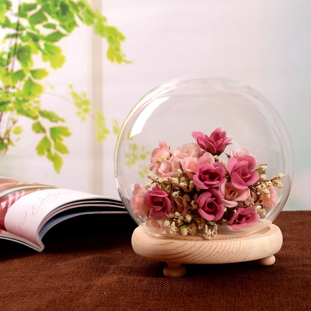 Clear Glass Display Bell Jar Dome Immortal Preservation with Wooden Base Flower Glass Cover Home Decor