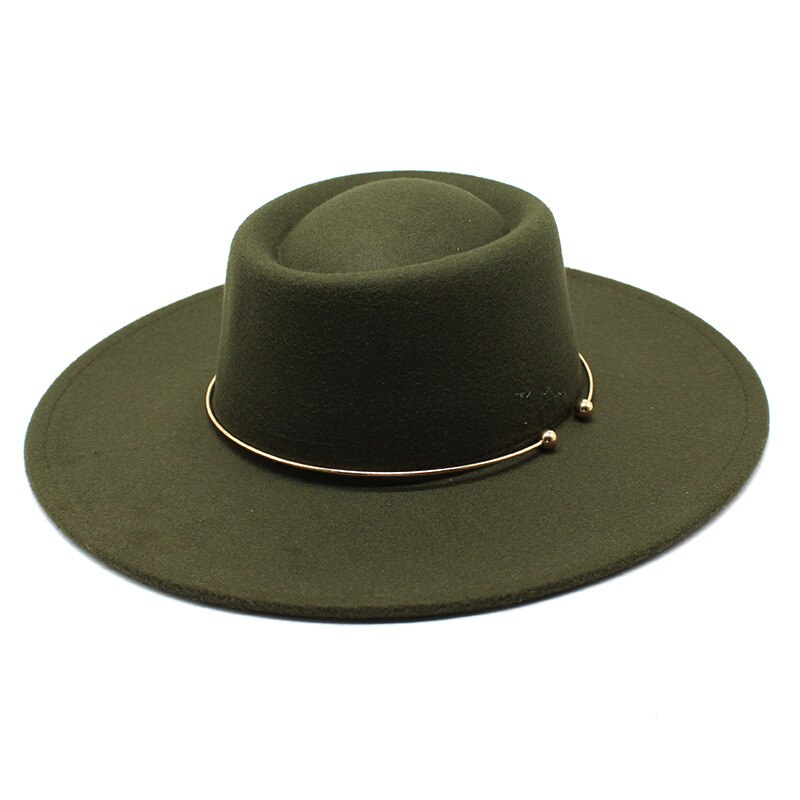 Fedora – chapeau feutré De Jazz pour femmes et hommes, à large bord De 9.5CM, avec chaîne en or, automne hiver, robe formelle: vert militaire
