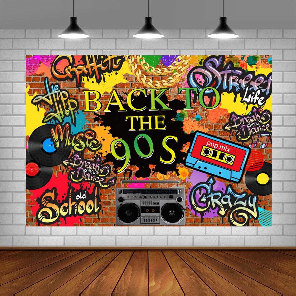 90’S Backdrop Hip Hop Graffiti Brick Wall Retro Radio Photography Background Back to The 90’S Themed Party Banner Decor