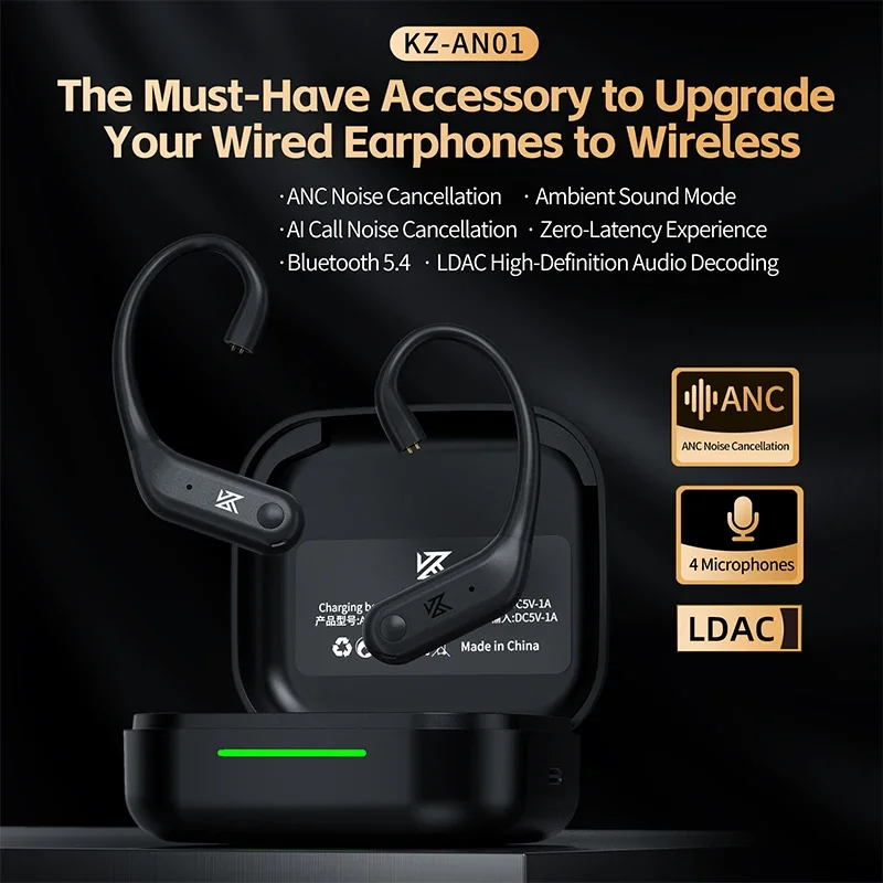 KZ AN01 Cable de gancho para la oreja inalámbrico, compatible con Bluetooth 5,4 con estuche de carga, gancho para la oreja para juegos HIFI de 2 pines para Castor ZSX PRO