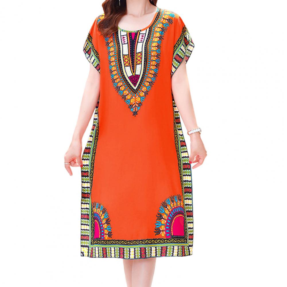 Damekjoler etnisk stil o-hals print geometrisk print strandkjole sommerkjole løs korte ærmer midikjoler dametøj: Orange