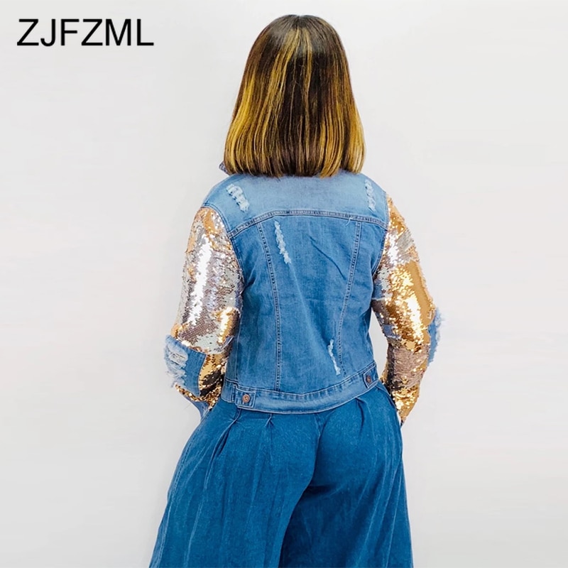 Gold Sequined Casual Denim Jacket Women Turn Down Collar Long Sleeve Washes Coat Autumn Winter Button Up Hole Short Outwear
