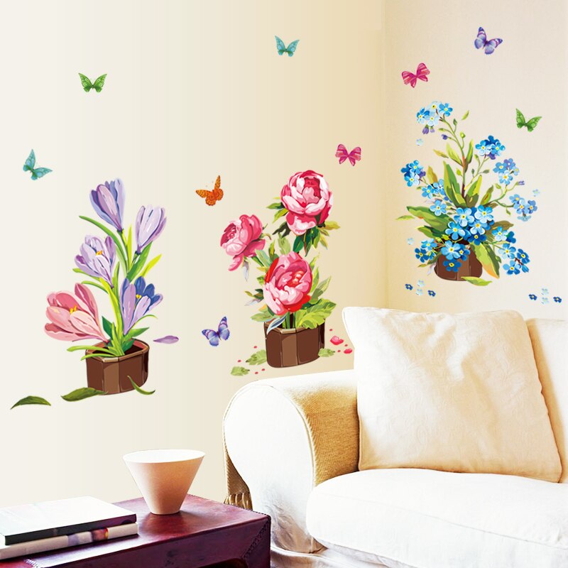 Diy wallstickers boligindretning potteblomster sommerfugl køkkenvindue glas trappe klistermærker vandtætte decals
