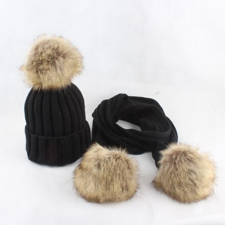 HEALCOLD Jungen Mädchen Hütte Schal einstellen freundlicher Pelz Bommel Mützen Schal Winter Schal Hütte Für freundlicher: Schwarz Hut Schal