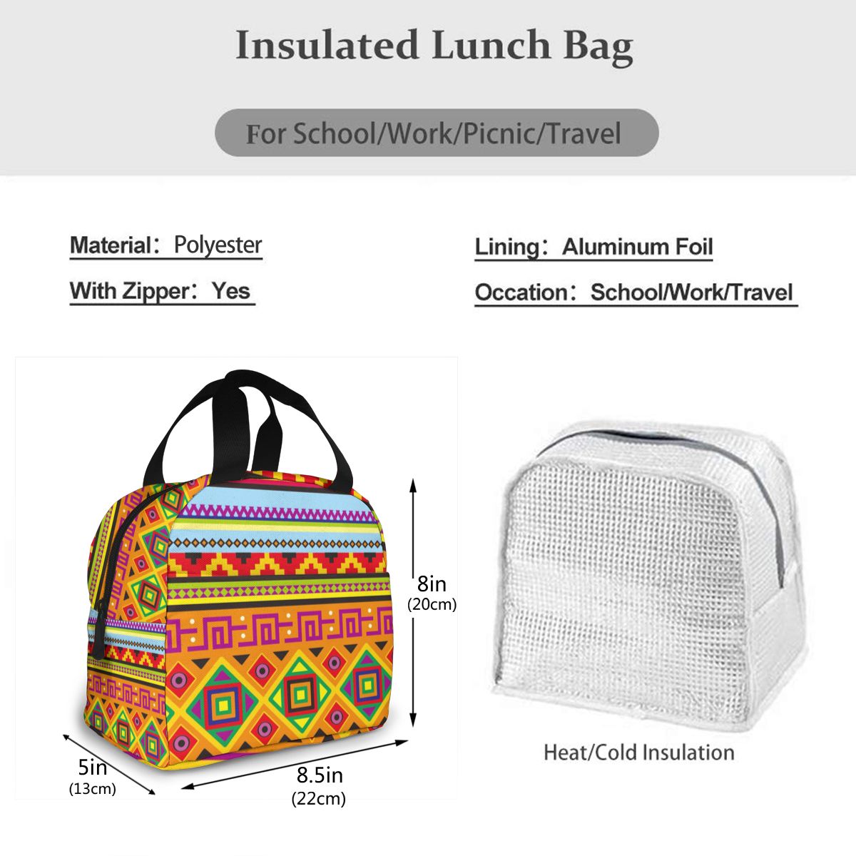 Portable Lunch Bag Mexican Pattern Thermal Insulated Lunch Box Tote Cooler Bag Bento Pouch Lunch Container Food Storage Bag