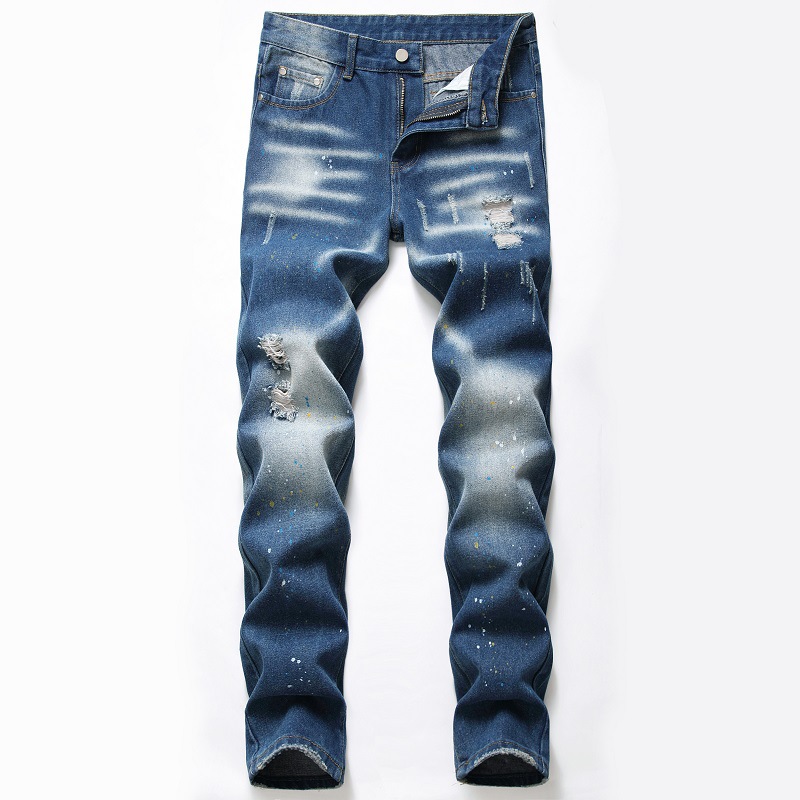 Blue Ripped Jeans Pants Streetwear Splash Ink Men Jeans Straight Slim Fit Casual Hole Jeans Brand Men's Denim Trousers