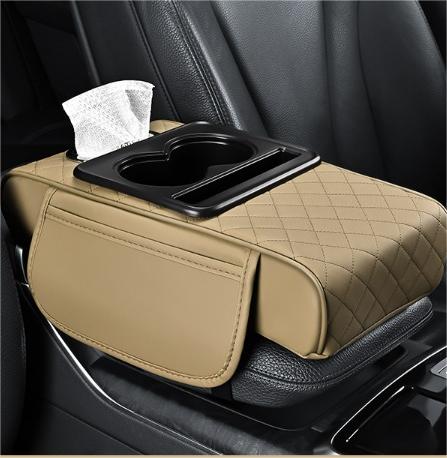 PU Leather Car Armrest Box Heightening Cushion with Cup Holder Tissue Box Side Storage Pocket Arm Rest Cover Height Pad: Gold
