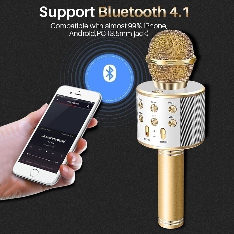 Håndholdt trådløs bluetooth-mikrofon ktv-mikrofon med højttaler til ios android-telefoncomputer