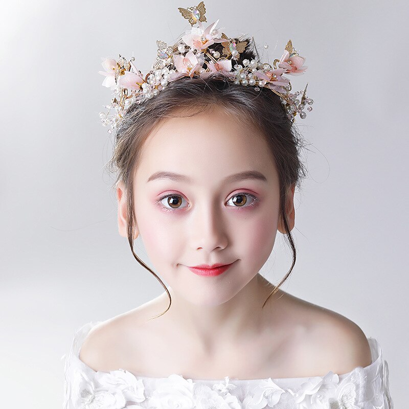 Korean Children&#39;s Head Flower Golden Butterfly White Pearl Flower Headband Flower Girl Birthday Headband Wreath 2021new