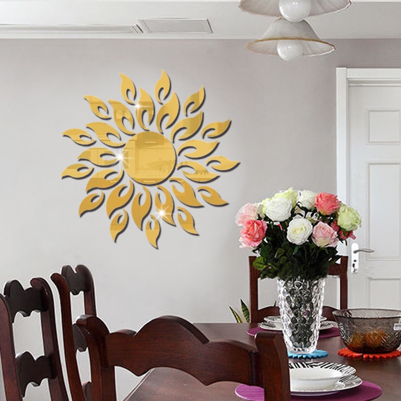  MAKLYER Pegatinas de pared de espejo 3D de flores de sol,  pegatinas de pared con patrón de sol, flores redondas, girasol, extraíble,  acrílico, decoración moderna para el hogar (plateado) : Herramientas