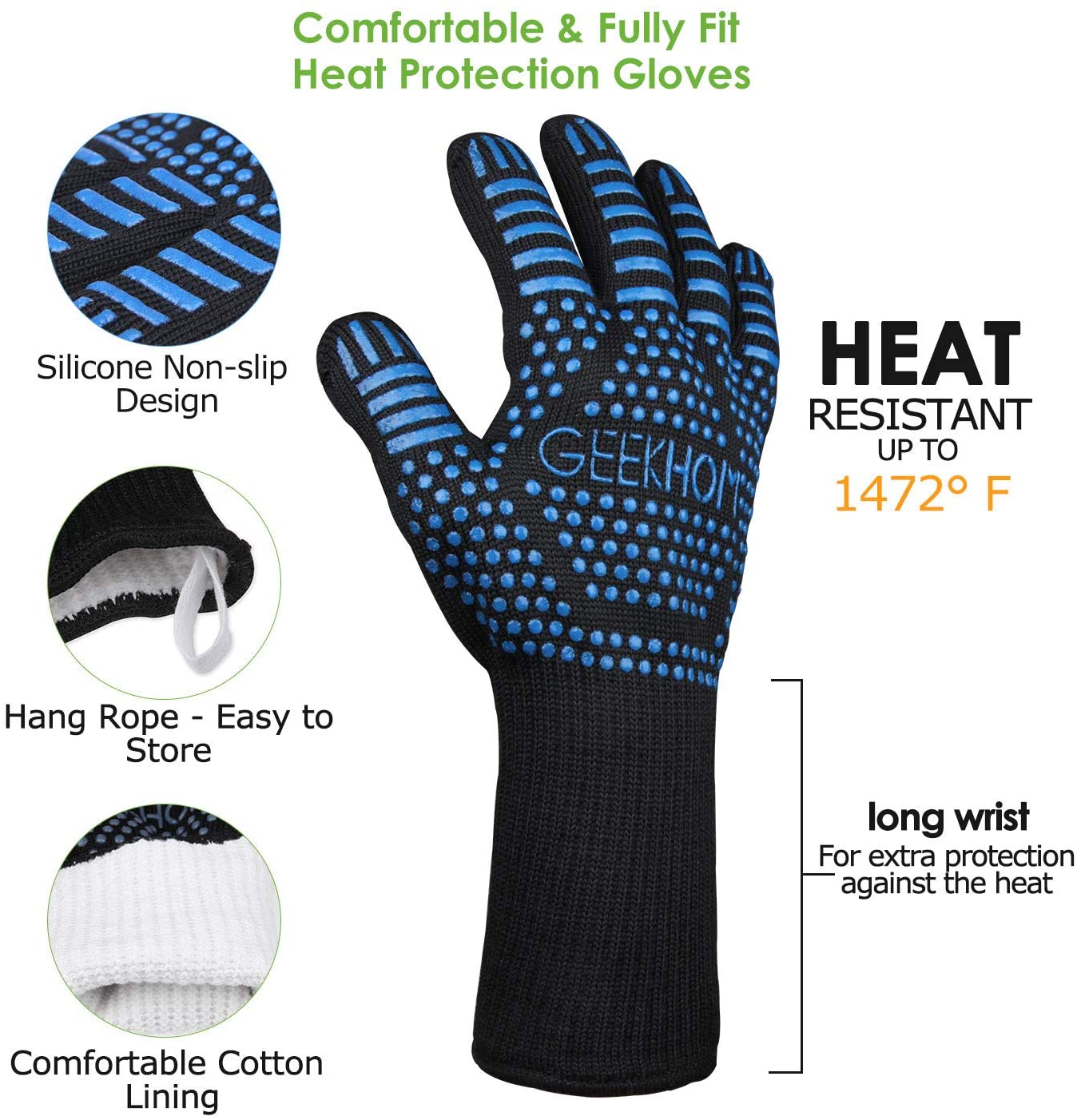 GEEKHOM 2Pcs Grilling Gloves Heat Resistant BBQ Grill Gloves 13 Inch Oven Gloves for Smoker Barbecue Baking Cooking Welding